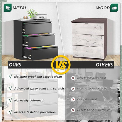 Superday Filing Cabinet Lateral File Cabinet 3 Drawer, Black File Cabinets with Lock, Locking Metal Office Filing Cabinets for Home Office/Legal/Letter/A4/F4