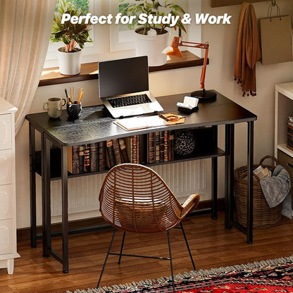 Huuger Folding Desk with Storage Shelf, 39.3 Inch Foldable Computer Table for Small Spaces, Space Saving Sofa Table for Couch, Writing Work Office Computer Desk, Easy to Fold, Black