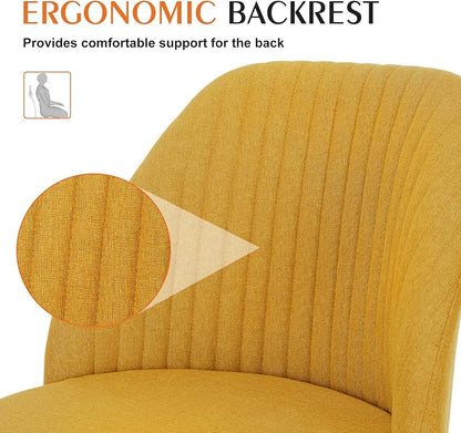 Sweetcrispy Armless Vanity Chair, Cute Comfy Home Office Desk Chair with Wheels, Modern Upholstered Task Computer Seat for Bedroom, Study, Makeup Vanity, Height Adjustable & Swivel, Yellow