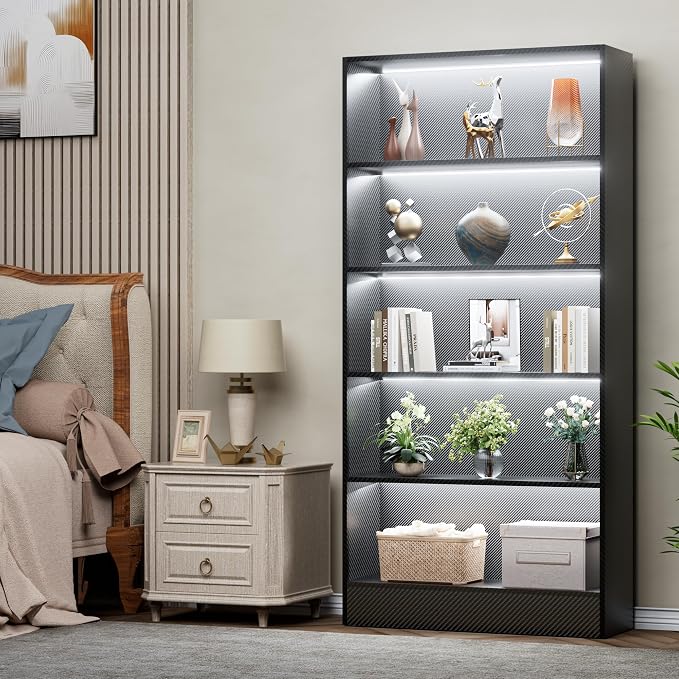 CODACE Tall Wooden Black Bookshelf - Book Shelf with LED Lights, Lighted Display Shelf with 5-Tier Shelves, Large Display Bookshelves for Collectibles, Modern Bookcase for Living Room, Bedroom, Office