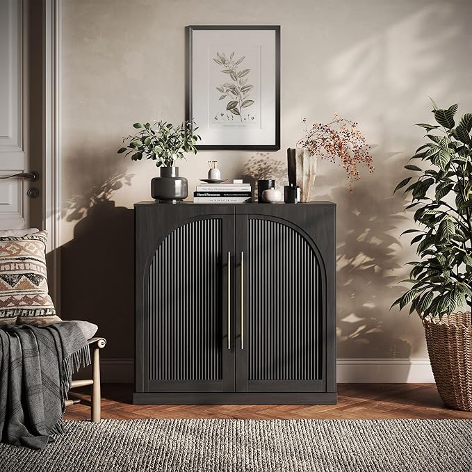 BELLEZE 32.5" Kitchen Storage Cabinet with Adjustable Shelves,Freestanding Accent Cabinet with Fluted Arched Design & Gold Handles,Modern Credenza for Living Room,Dining Room,Entryway - Ebony