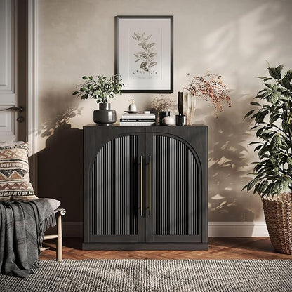 BELLEZE 32.5" Kitchen Storage Cabinet with Adjustable Shelves,Freestanding Accent Cabinet with Fluted Arched Design & Gold Handles,Modern Credenza for Living Room,Dining Room,Entryway - Ebony