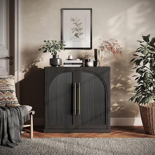 BELLEZE 32.5" Kitchen Storage Cabinet with Adjustable Shelves,Freestanding Accent Cabinet with Fluted Arched Design & Gold Handles,Modern Credenza for Living Room,Dining Room,Entryway - Ebony