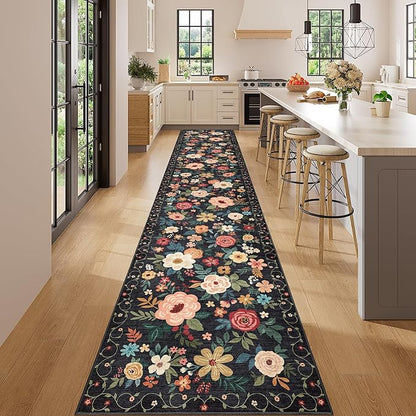DUKINO 2.6x14 Kitchen Runner Rug, Lightweight Floral Washable Rug for Hallway, Boho Low Pile & Non Slip Backing Soft Floor Carpet for Entryway, Bedroom, Bathroom, Laundry, Black