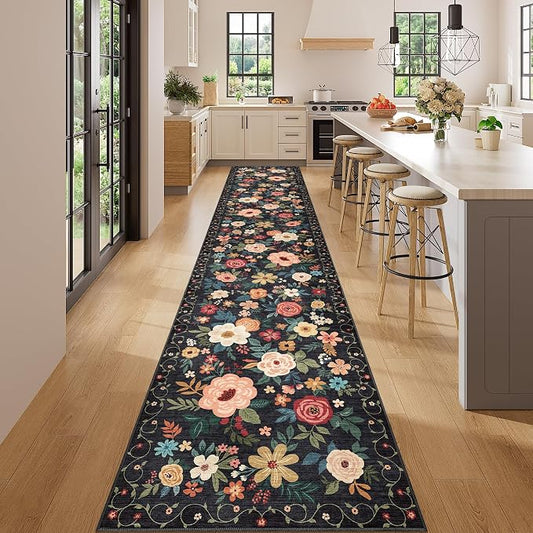 DUKINO 2x14 Runner Rug, Floral Long Washable Boho Kitchen Runner Rug with Non Slip Backing, Soft Non Shedding & Low Pile Carpet for Bedroom, Entrance, Laundry, Bathroom, Black