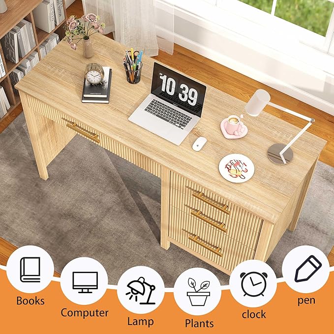 Modern Executive Desk with Drawers: 55" Oak Home Office Desks with File Drawers, Fluted Desk with Storage, Wood Computer Desks for Work, Study and Living Room (Oak, 54")