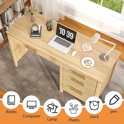 Modern Executive Desk with Drawers: 55" Oak Home Office Desks with File Drawers, Fluted Desk with Storage, Wood Computer Desks for Work, Study and Living Room (Oak, 54")