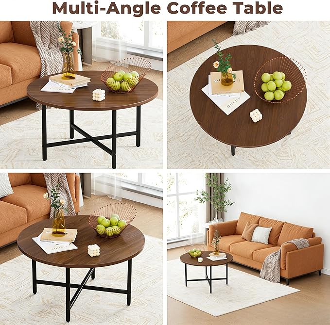 FAMIDGE Coffee Table, 23.6" Coffee Tables for Living Room, Round Coffee Table with Metal Frame, Floor Table for Sitting on The Floor, Home, Office, Dark Walnut