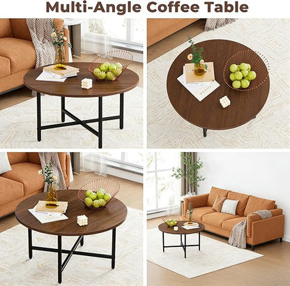 FAMIDGE Coffee Table, 23.6" Coffee Tables for Living Room, Round Coffee Table with Metal Frame, Floor Table for Sitting on The Floor, Home, Office, Dark Walnut