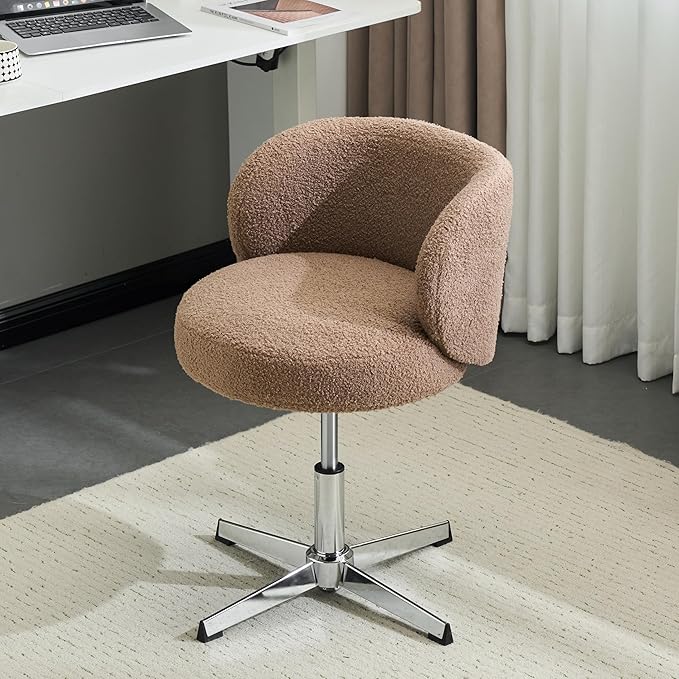 VINGLI Cute Small Swivel Desk Chair Comfy no Wheels,Ergonomic Low-Back Lumbar Support Vanity Nail Tech Computer Task Stool Chair for Home Office,Height Adjustable,Teddy Fleece,Brown