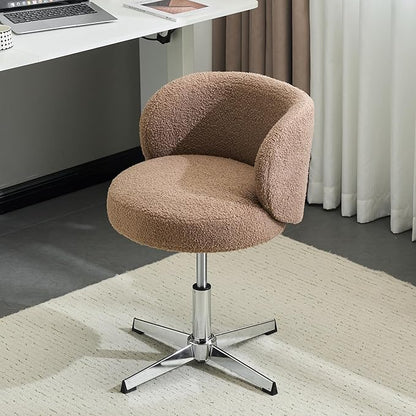 VINGLI Cute Small Swivel Desk Chair Comfy no Wheels,Ergonomic Low-Back Lumbar Support Vanity Nail Tech Computer Task Stool Chair for Home Office,Height Adjustable,Teddy Fleece,Brown