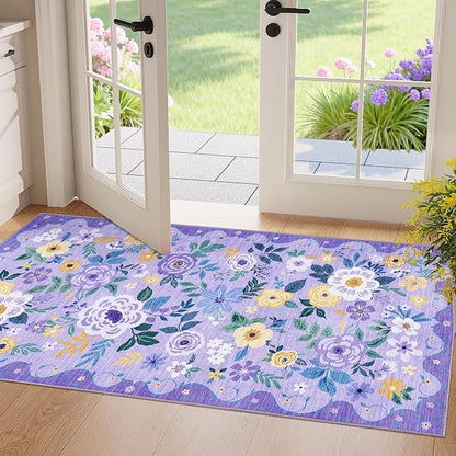 DUKINO 2x4 Rug for Entryway, Washable Kitchen Floral Runner Rug with Non Slip Backing, Low Pile Soft Boho Carpet for Kitchen, Hallway, Entryway, Laundry, Bedroom, Purple