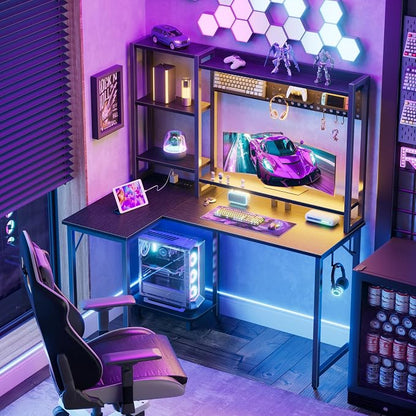 L Shaped Gaming Desk with Shelves - 48 inch Corner Computer Desks with Storage Hutch Shelf Reversible Pegboard Led Lights Power Outlets PC Monitor Stand for Bedroom, Black