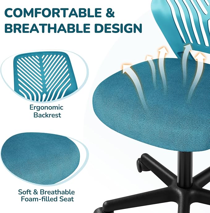 Topeakmart Armless Office Chair, Ergonomic Task Chair with Lumbar Support Adjustable Height, Modern Study Chair for Small Space, Turquoise