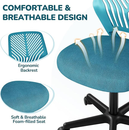 Topeakmart Armless Office Chair, Ergonomic Task Chair with Lumbar Support Adjustable Height, Modern Study Chair for Small Space, Turquoise