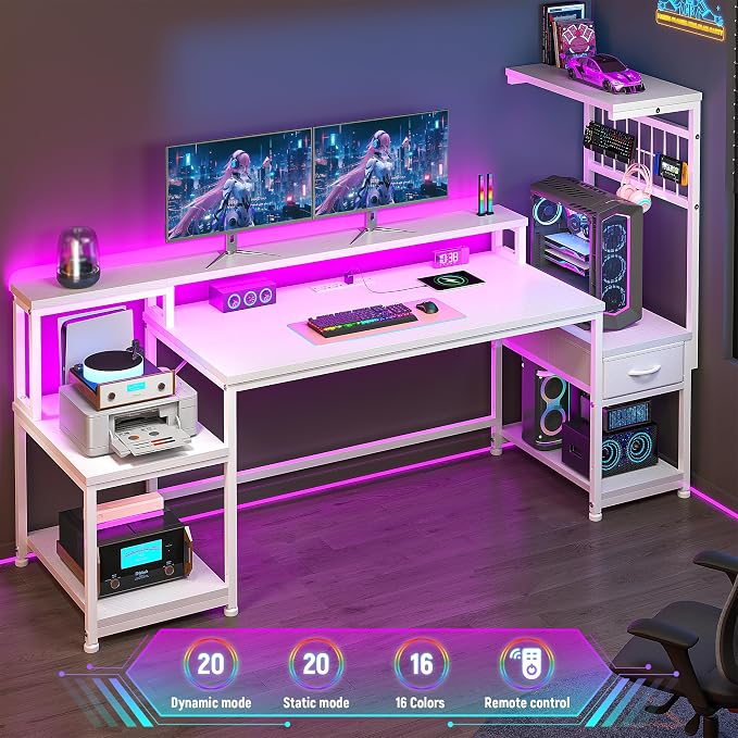 DurayLoly 55" Computer Desk with LED Lights & Outlets,Office Desk with Drawers & Monitor Stand,Gaming Desk with 3 Storage Shelves, Hooks& Printer Space for Game&Study Room,Home Office,Bedroom,White