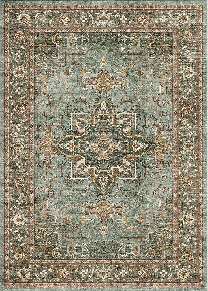 Lofus 8x10 Area Rugs for Living Room, Washable Area Rug, Rugs for Bedroom, Kitchen, Vintage Boho Carpet, Soft Non-Slip, Low Pile Large Area Rug for Office Dining Room, Green