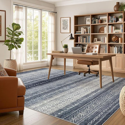 6x8 Area Rugs Living Room: Washable Boho Large Neutral Soft Rug Modern Stain Resistant Moroccan Indoor Non Slip Floor Carpet for Bedroom Nursery Kids Playroom Office Dining Room Dorm- Blue