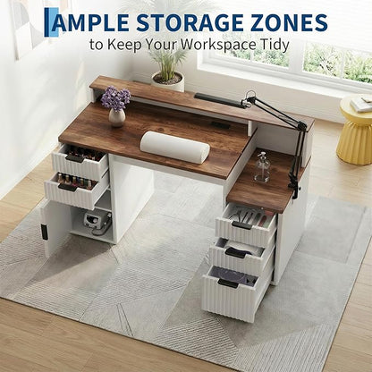 IDEALHOUSE Rectangular Computer Desk with Hutch & Printer Stand, Ripple Door Storage Home Office Desk, Space-Saving Study Writing Desk for Bedroom, Sturdy Board Student Desk with Easy Assembly