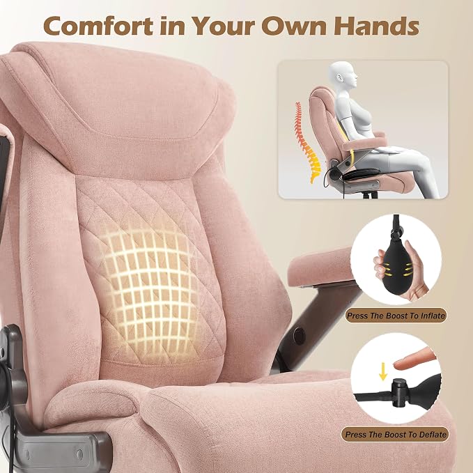 Fabric 700lbs Big and Tall Office Chair, Ergonomic Heavy Duty Executive Cloth Office Chair with 5D Flip Arms & Adjustable Lumbar Support & Dual Rubber Wheel, Large Thick Padded Extra Wide Seat, Pink