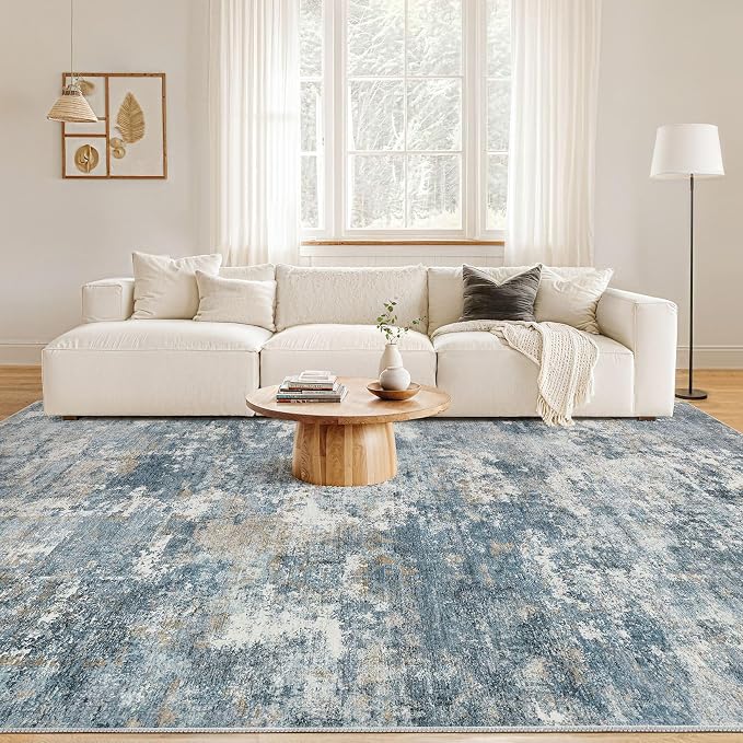 Nakagishi 10x12 Area Rugs Living Room: Washable Abstract Large Neutral Soft Rug Stain Resistant Modern Indoor Floor Non-Slip Carpet for Bedroom Nursery Kids Playroom Office Dining Room Dorm-Blue Brown