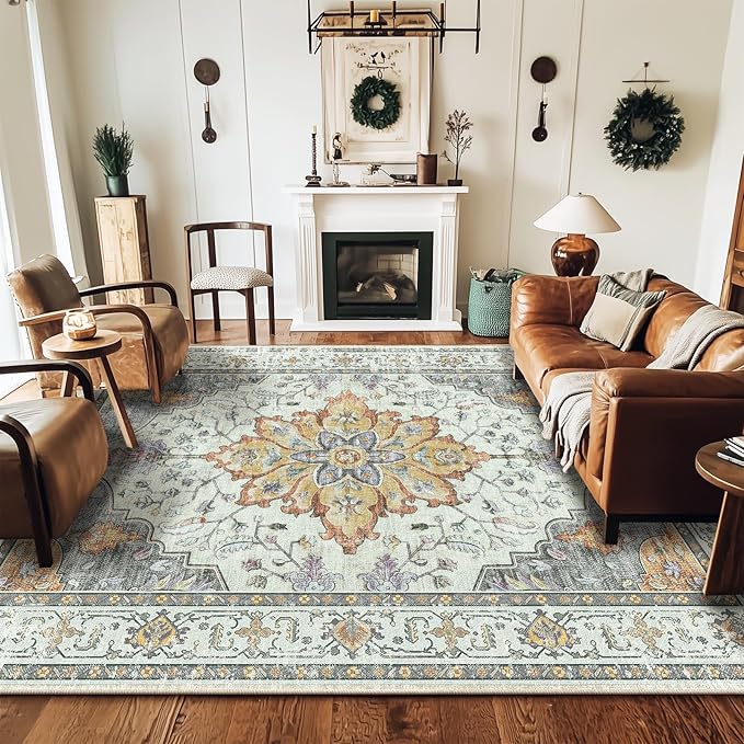 RELEANY Area Rugs 8'x10' Washable Non-Slip, Floral Vintage Distress Medallion Carpet for Living Room Bedroom Dining Room, Beige Carbon Grey Orange