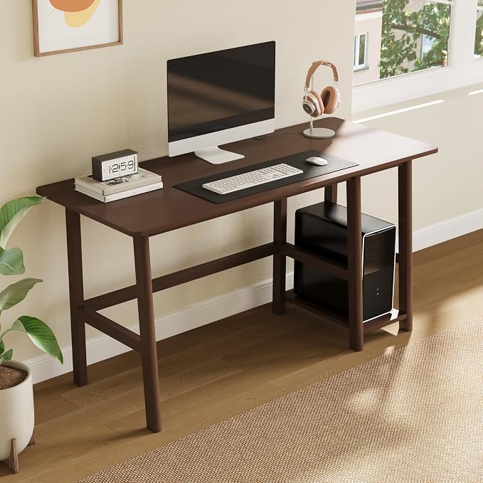 NELYE Solid Wood Computer Desk - 58" W x 24" D Modern Minimalist Table with Shelf，Sturdy Computer Workstation for Home Office, Walnut