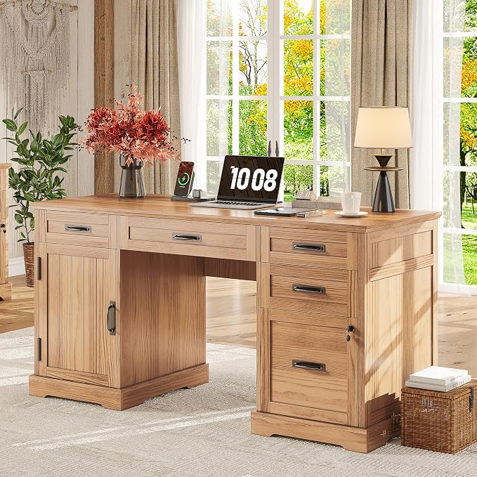 Whalefall 55'' Farmhouse Desk Home Office with Drawers, Light Walnut | Executive Computer Desk with File Cabinet and Charging Station, Wooden Small Desk with Locking Drawers Storage