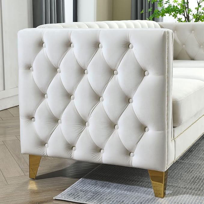 mikibama 58" Velvet Loveseat Sofa Couch for Living Room,Button Tufted 2 Seater Couches with Nailhead Trims,Modern Upholstered 2-seat Sofas with Golden Metal Legs for Bedrooom,Office