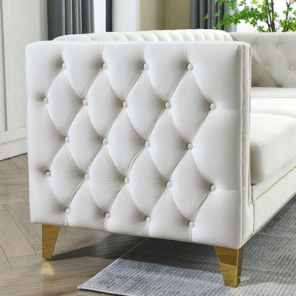mikibama Modern L-Shaped Sofa Couch with Nailhead Trim,Chesterfiled Velvet 5 Seater Corner Sofas for Living Room,Button Tufted Modular Sectional Sofa with Gold Metal Legs (Velvet Beige, L-Shaped)