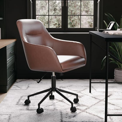 Martha Stewart Rayna Swivel Task Chair with Flared Arms for Home Office in Saddle Brown Faux Leather with Oil Rubbed Bronze Frame