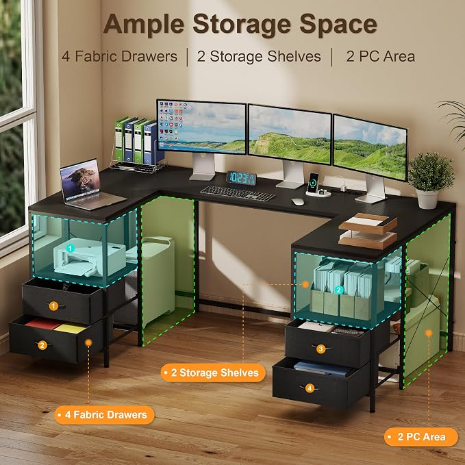 YOSHOOT 67" U Shaped Computer Desk, Reversible L Shaped Gaming Desk | Corner Desk with Power Outlets, 4 Drawers, 2 Storage Shelf, Computer Table with 4 Installation Methods, Black