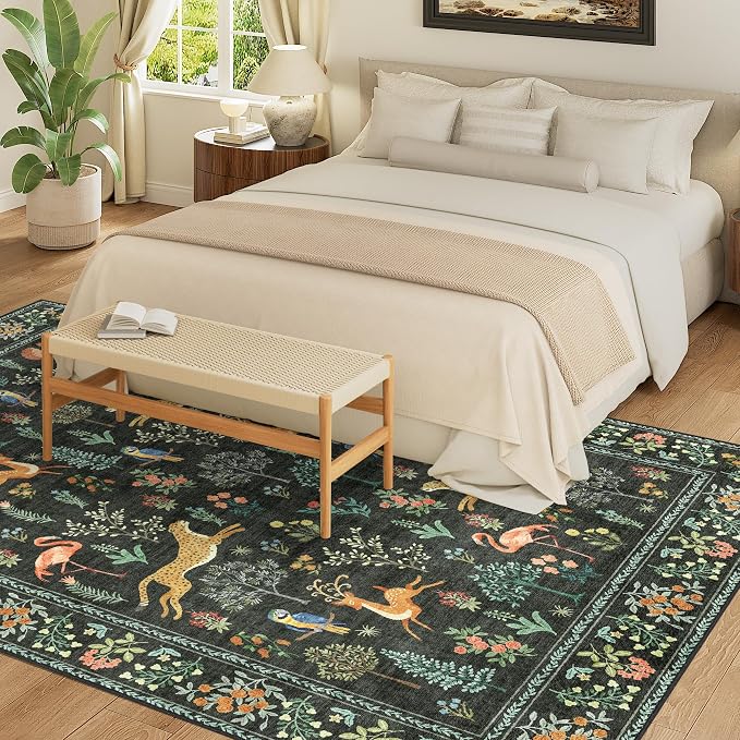 DUKINO 8x10 Rug, Washable Animal Living Room Rug with Non Slip Vintage Design, Soft Low Pile Large Carpet for Bedroom, Nursery, Dining Room, Farmhouse, Playroom, Black