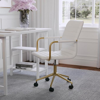 Martha Stewart Taytum Swivel Task Chair with Armrests for Home Office in White Faux Leather with Polished Brass Frame
