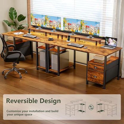 Furologee 51" Computer Desk with Power Outlet and LED Lights, Reversible Home Office Desk with File Cabinet & Monitor Stand, Large Gaming Table with Storage Shelves & Drawer, Rustic Brown