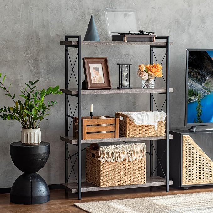 HCHQHS Bookshelf, 4-Tier Industrial Bookcase, Rustic Open Book Shelf, Freestanding Tall Bookshelves with Metal Frame