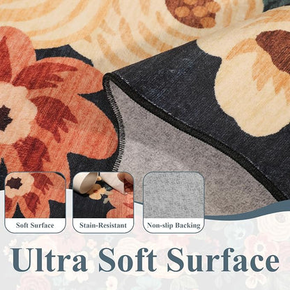 DUKINO 2x12 Runner Rug for Hallway, Soft Floral Washable Kitchen Runner Rug with Non Slip Backing, Lightweight & Low Pile Extra Loog Carpet for Entryway, Laundry Room, Entrance, Bedroom, Navy Blue