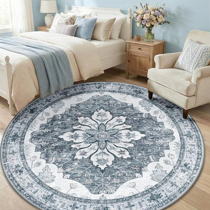 RELEANY Area Rugs Round 6ft Washable Non-Slip, Floral Vintage Distress Medallion Carpet for Living Room Bedroom Dining Room, Light Gray Grey White