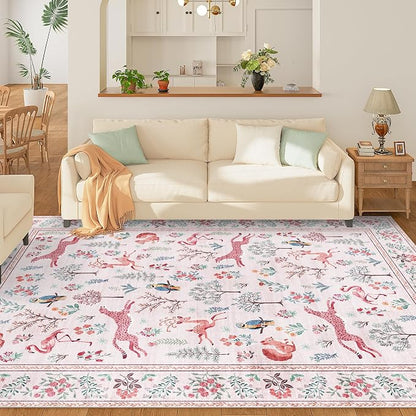 DUKINO 5x7 Rug, Washable Animal Living Room Rug with Non Slip Vintage Design, Soft Low Pile Large Carpet for Bedroom, Nursery, Dining Room, Farmhouse, Playroom, Pink