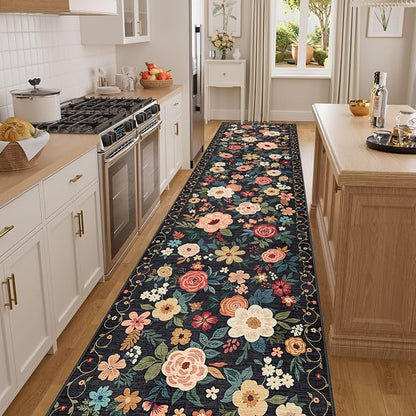 DUKINO 2.6x14 Kitchen Runner Rug, Lightweight Floral Washable Rug for Hallway, Boho Low Pile & Non Slip Backing Soft Floor Carpet for Entryway, Bedroom, Bathroom, Laundry, Black