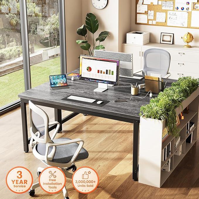 Huuger 55 x 24 inch Desk with Power Outlets & USB-C, Deeper & Thicker Desktop, Robust Metal Tubes, Computer Desk, Heavy Duty Office Desk, Work Gaming Desk for Home Office, Grey