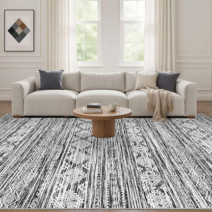 Nakagishi Area Rug Living Room Rugs: 7X9 Machine Washable Boho Large Neutral Farmhouse Stain Resistant Moroccan Indoor Floor Carpet for Bedroom Nursery Dorm Dining Room Home-White Black