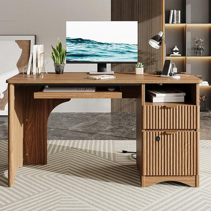 Bestier 55 Inch Wood Computer Desk with Fingerprint Lockable Drawers and Keyboard Tray,Modern Home Office Desk with File Drawer & Charging Station, Oak Wooden Desk for Work, Brown