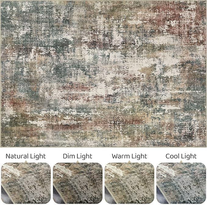 7x9 Area Rug Washable Rugs: Living Room Large Abstract Modern Soft Stain Resistant Indoor Floor Non-Slip Accent Carpet for Bedroom Nursery Playroom Office Dining Room Dorm Home House- Green Red