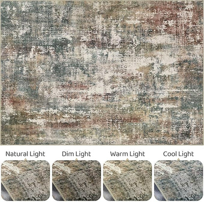 7x9 Area Rug Washable Rugs: Living Room Large Abstract Modern Soft Stain Resistant Indoor Floor Non-Slip Accent Carpet for Bedroom Nursery Playroom Office Dining Room Dorm Home House- Green Red