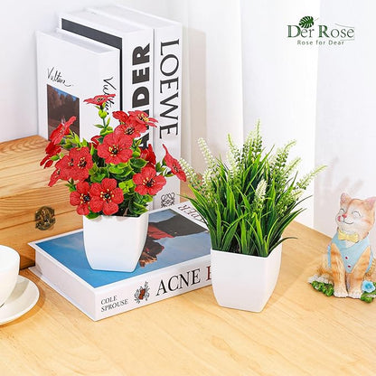 Der Rose Fake Plants 4 Pack Small Artificial Flowers in White Pots for Desk Bathroom Shelf Bedroom Office Tabletop Spring Home Decor