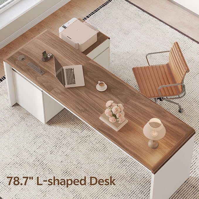 Mid-Century Modern 78" L-Shaped Executive Desk with Independent Mobile File Cabinet, Large Home Office Desk with Drawers and 4 AC + 2 USB Power Outlets, Waterfall Edge Design, White & Walnut