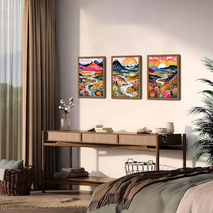 Wood Frame Boho Colorful Wall Art, Set of 3 Abstract Watercolor Mountain Landscape Wall Decor Paintings, Modern Flower Aesthetic Posters Prints for Living Room Bathroom Bedroom 16x24In Framed
