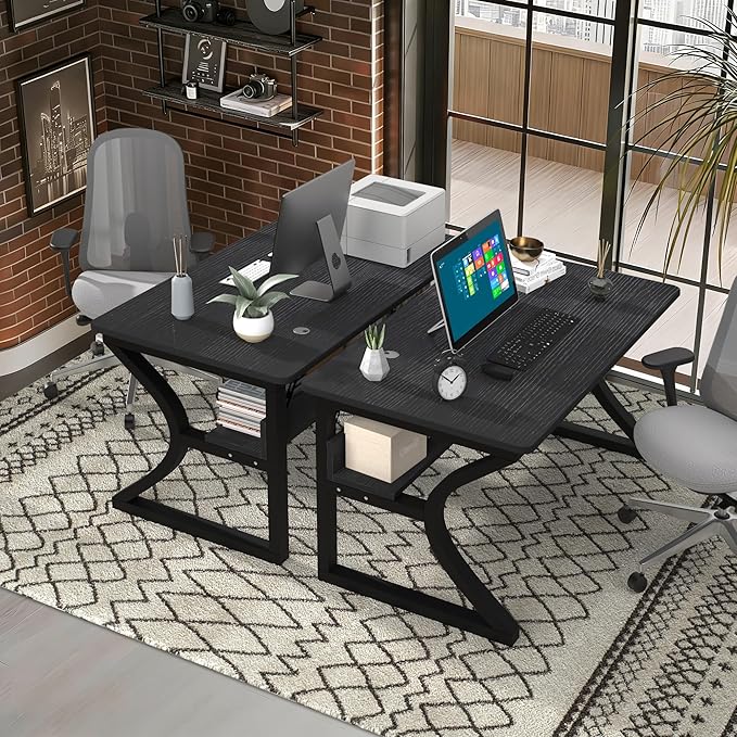 AZN Computer Desk, 55 X 20 inch Computer Desk, Office Desk w/Storage, Large Legroom, Sturdy Metal Frame, Home Office Desks for Gaming Study Writing Work, Waterproof, Scratch-Resistant, Black