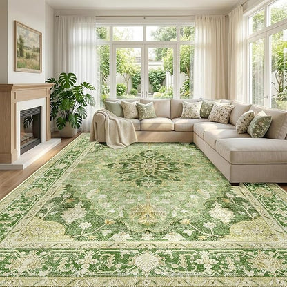 RELEANY Area Rugs Large 9'x12' Washable Non-Slip, Floral Vintage Distress Medallion Carpet for Living Room Bedroom Dining Room, Sage Green Yellow